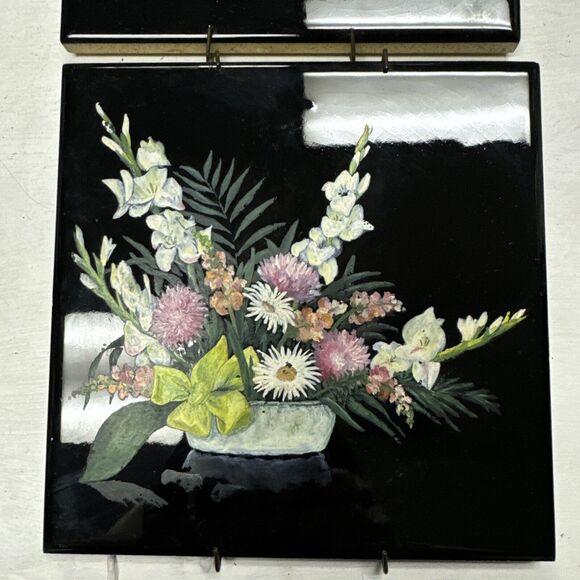 Vintage Pair Of 2 USOTCO Romany Hand Painted Black 6” Tile Floral Flowers MCM - Picture 4 of 7